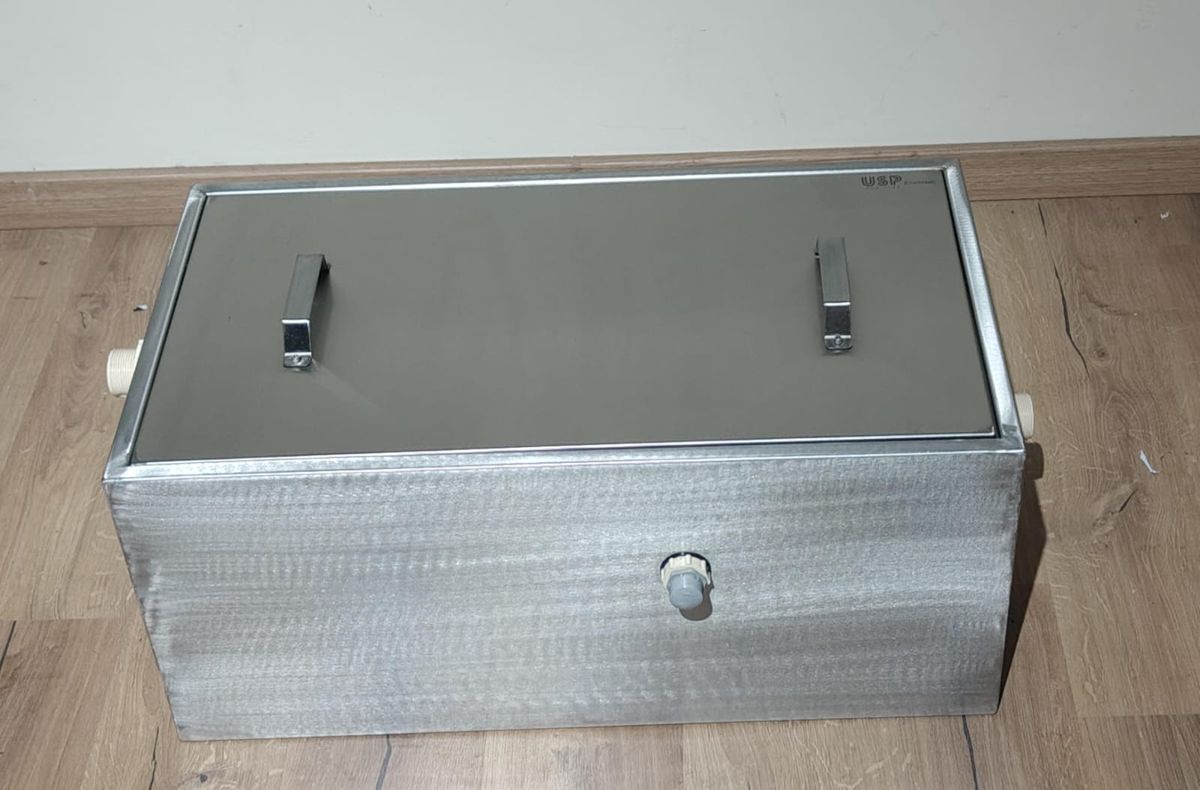 USP stainless steel grease trap with lid closed